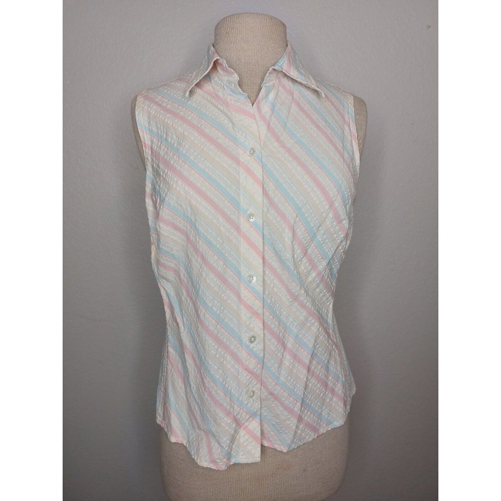 Lands End Women 10 Petite Sleeveless Collar Button Down Blouse Pastel Seersucker